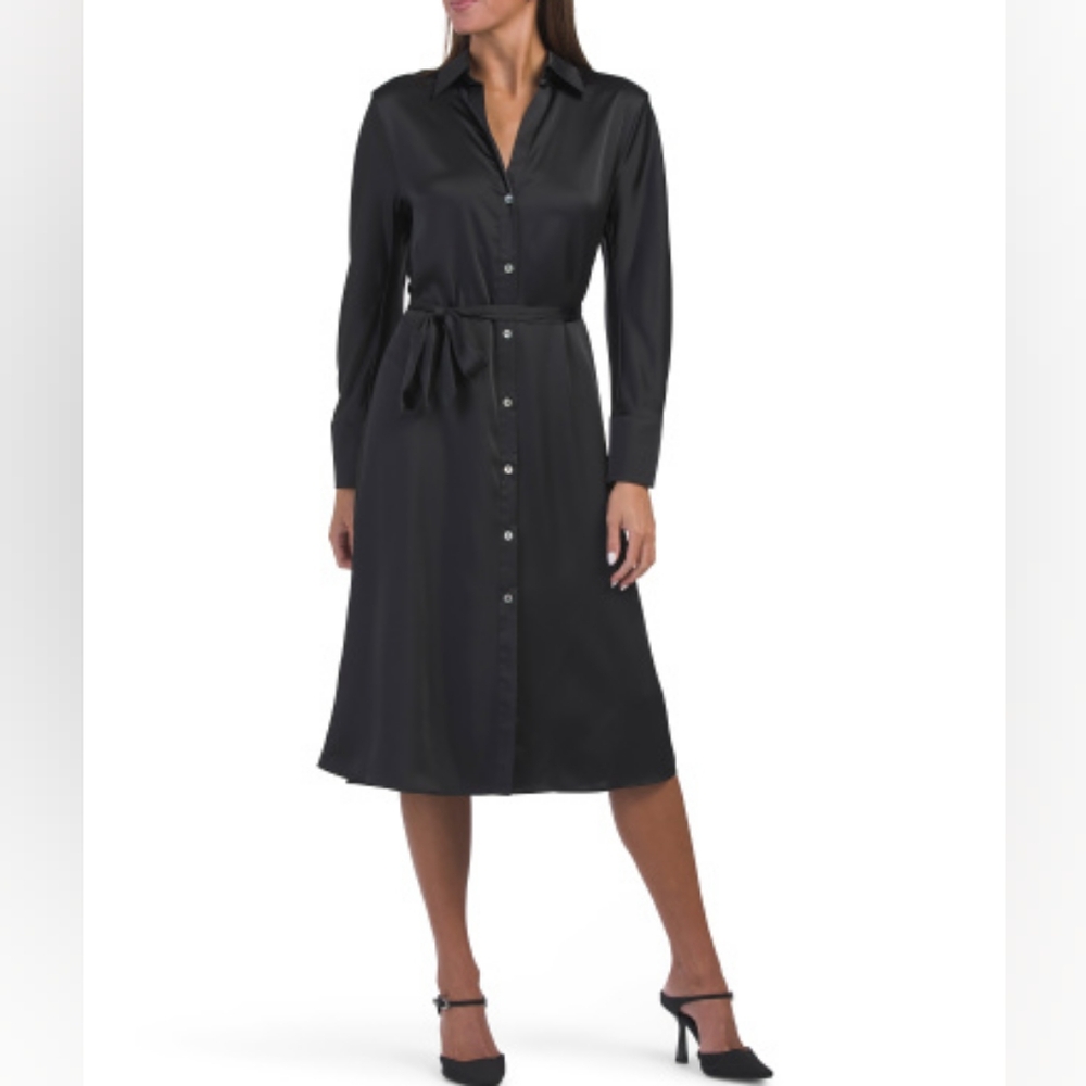 NWT - Vince Nouveau Magnolia Black Long Sleeve Satin Shirt Dress - Size XL